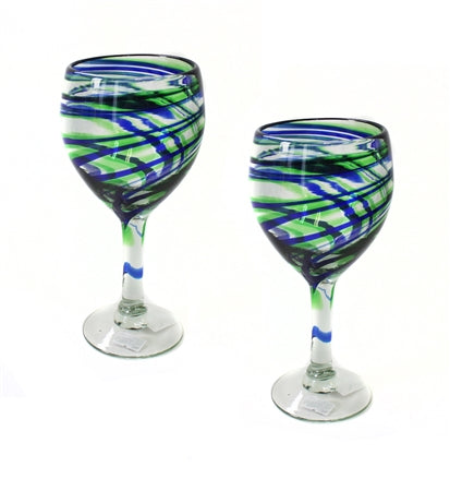 Handblown Wine Glasses Set of 2 BLUE and GREEN SWIRL--CLUCWG-1